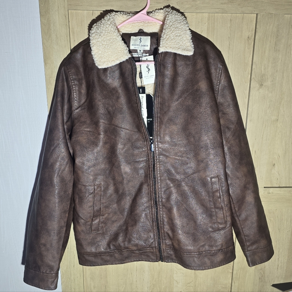 George Brown Faux Leather Jacket with Shearling Collar